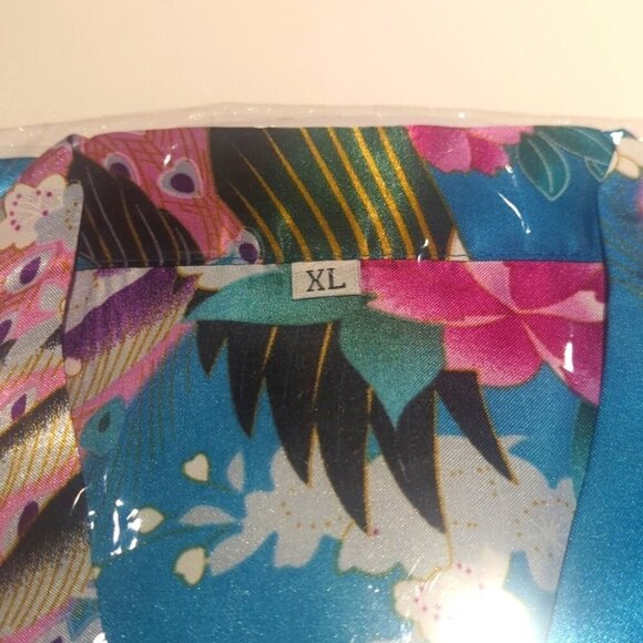 Aibrou Short Floral Blue Kimono Robe Satin With Belt Closure- XL NWT - Picture 4 of 4